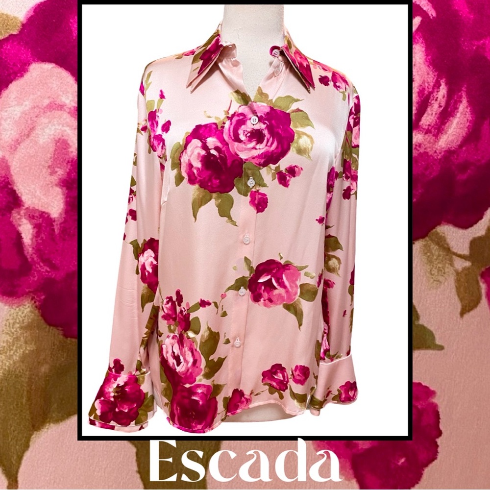 ESCADA Silk Blouse Pale Pink Fuchsia Roses Vintage NEW 42